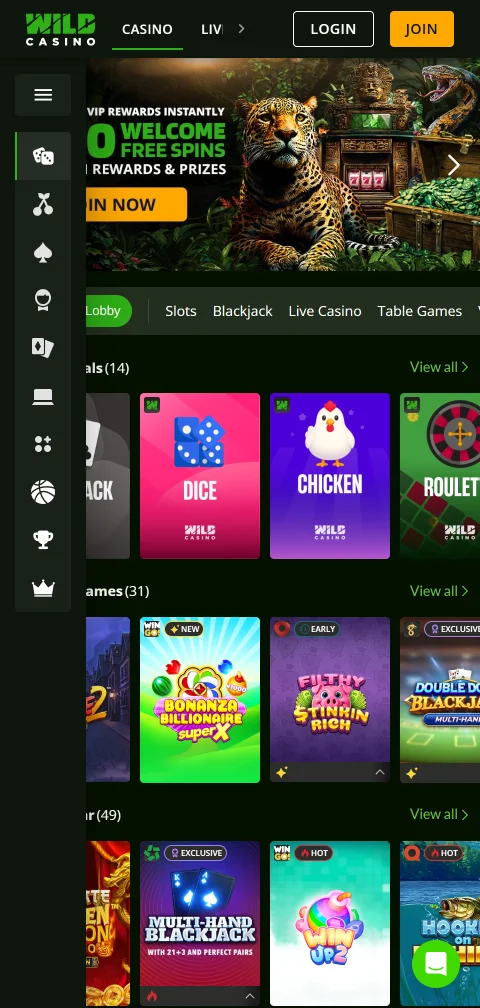 Wild Casino em navegador móvel, sem aplicação nativa divulgada para Android