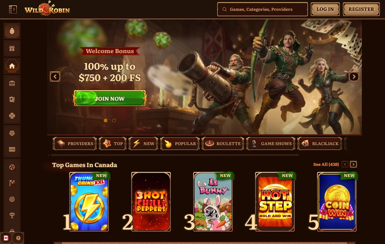 Página inicial do Wild Robin com acesso à lobby e ao sportsbook