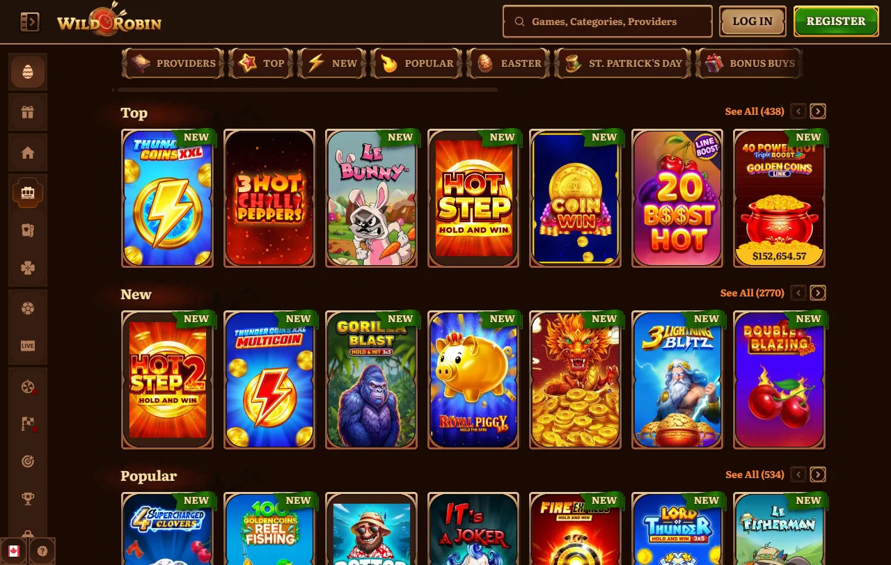 Catálogo de slots do Wild Robin com filtros por estúdio e categoria