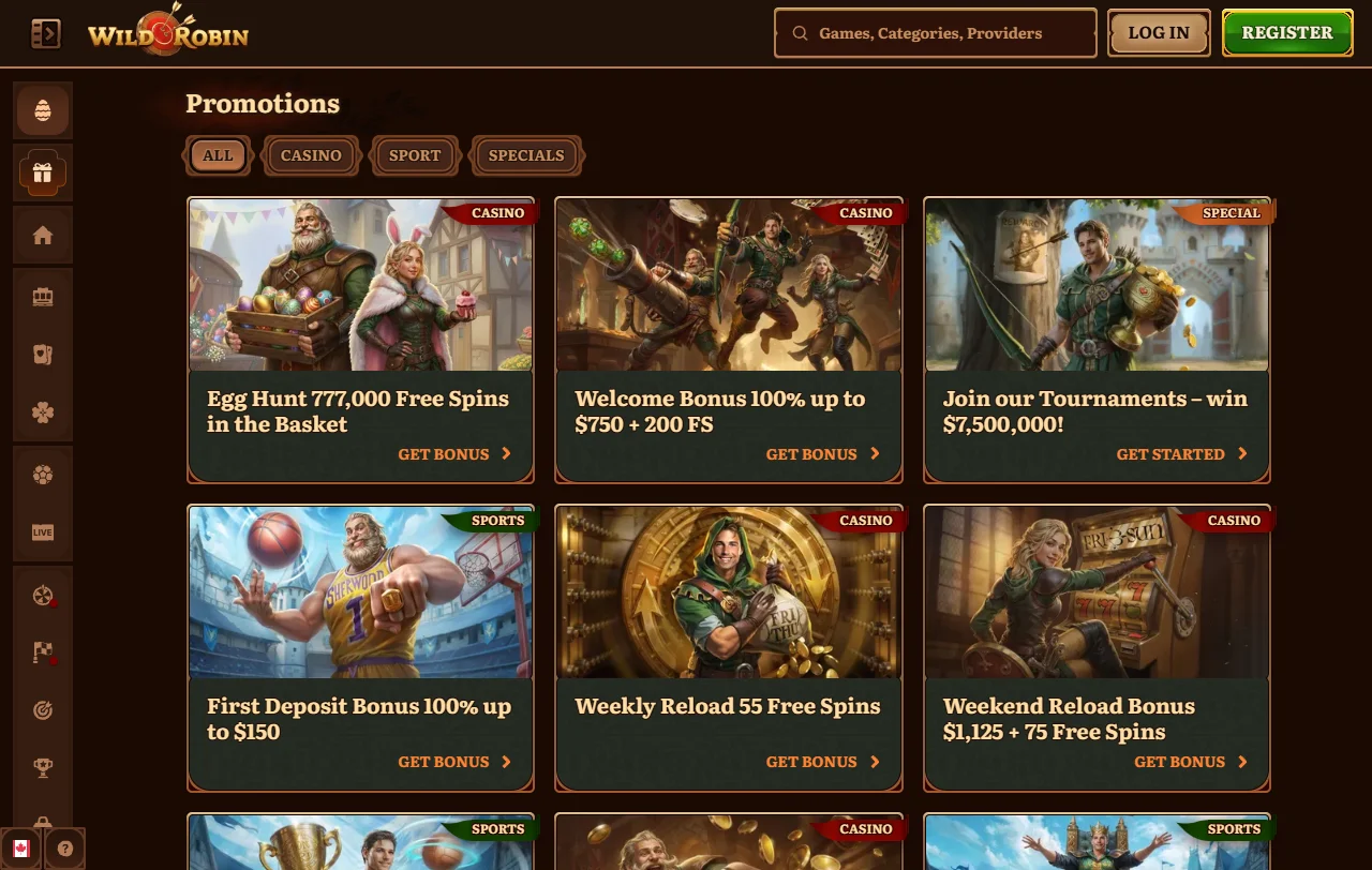 Página de promoções do Wild Robin com cashback semanal e recargas