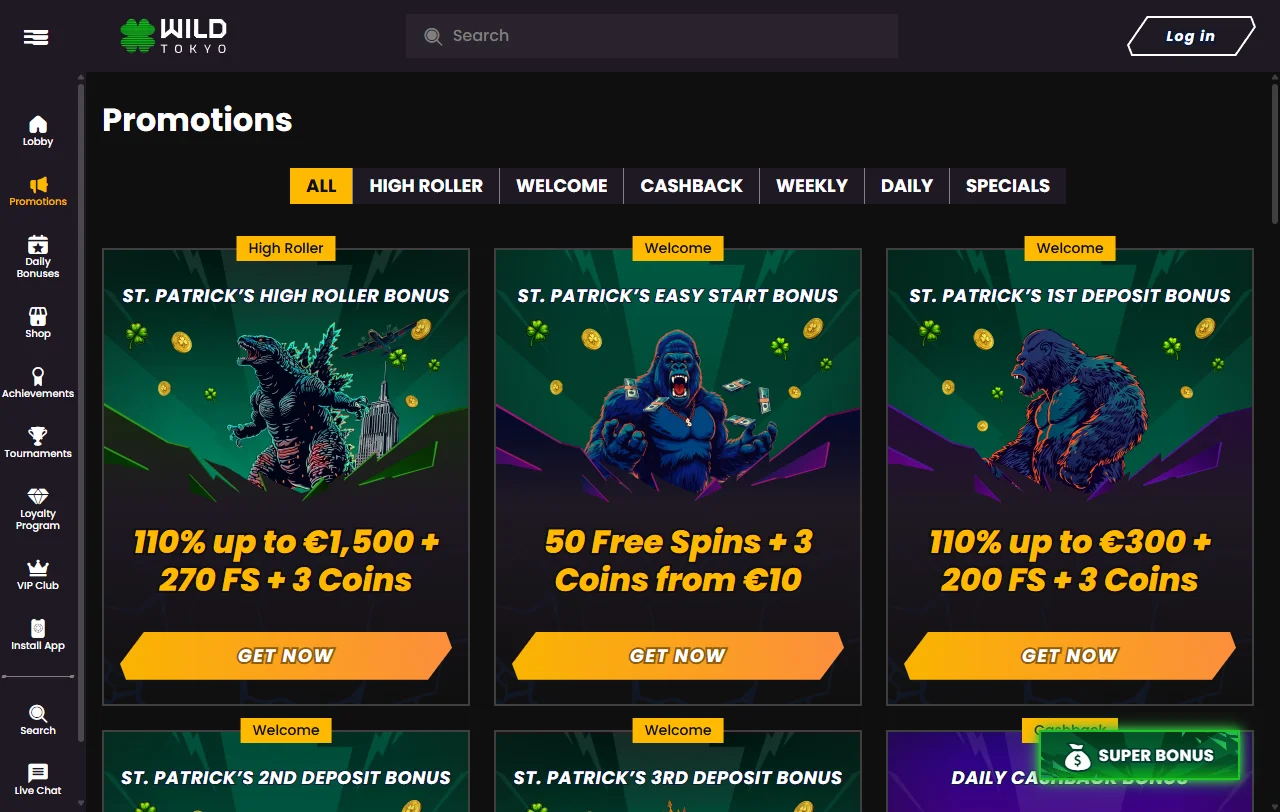 Catálogo do Wild Tokyo Casino com slots e mesas ao vivo de Evolution