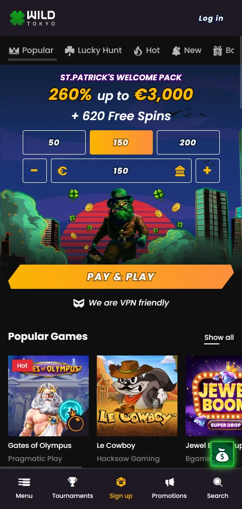 Wild Tokyo Casino no navegador do telemóvel, sem aplicação nativa publicada