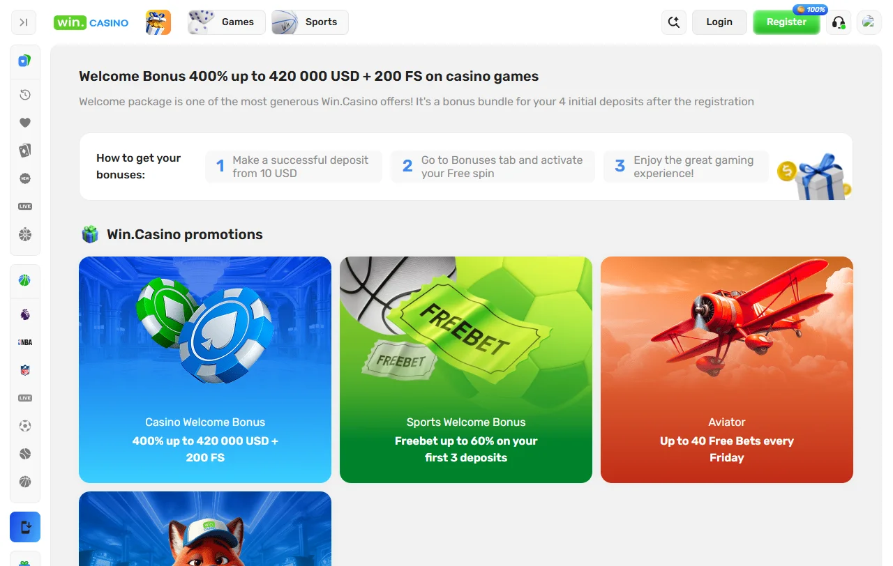 Catálogo do Win Casino com 81 slots e 644 mesas ao vivo