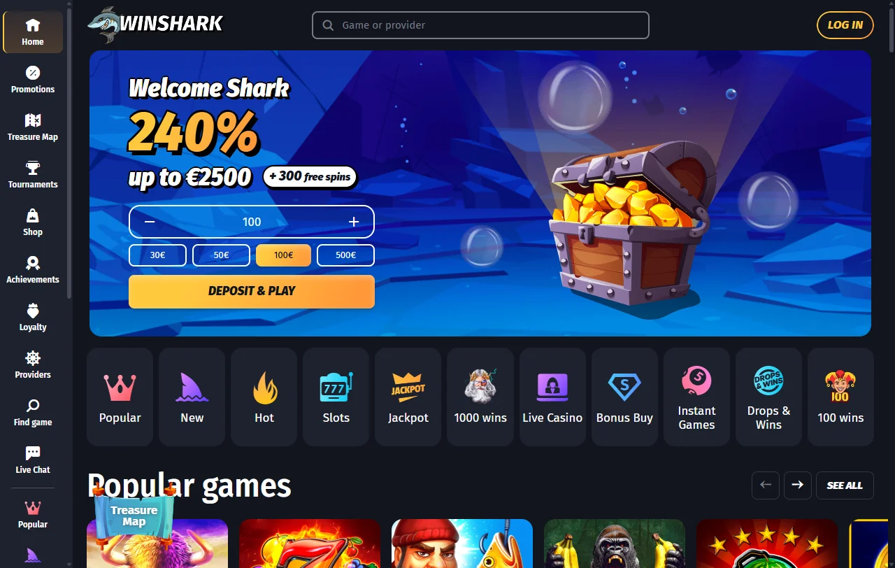 Página inicial do Winshark Casino com estrutura geral da oferta para Portugal