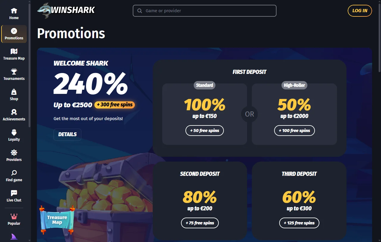 Catálogo do Winshark Casino com cerca de 10.000 jogos e filtros por estúdio