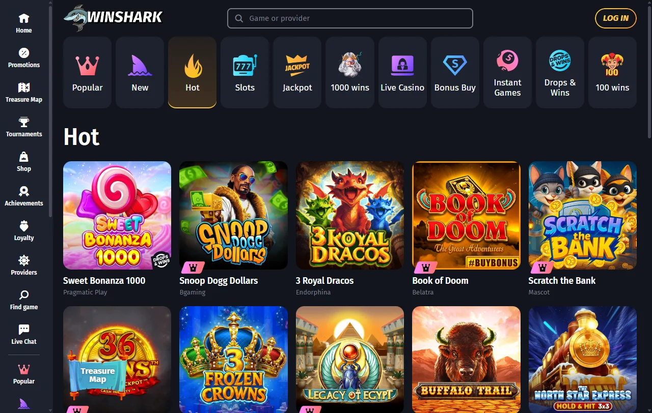 Página de promoções do Winshark Casino com pacote de boas-vindas e wagering de 45x