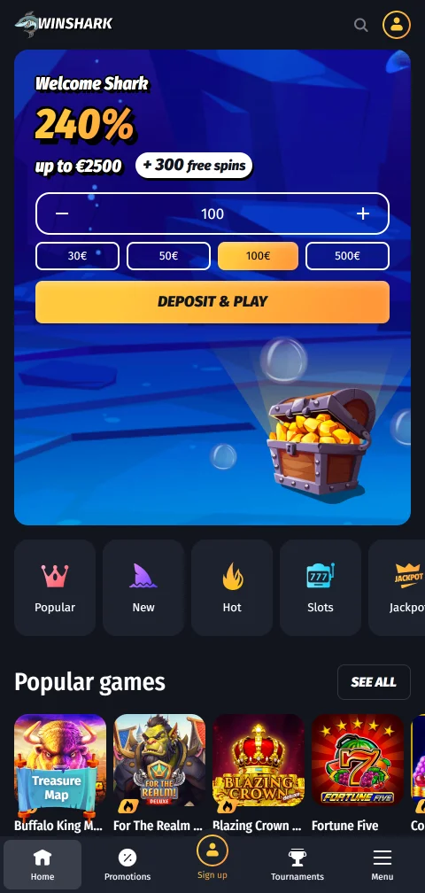 Winshark Casino no navegador do telemóvel, com lobby em coluna única