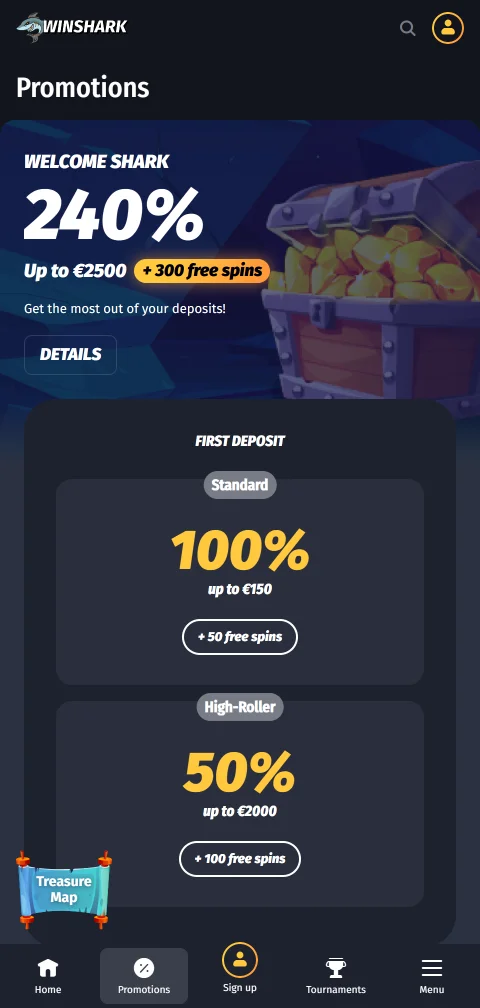 Caixa do Winshark Casino com métodos de pagamento e prazos de retirada