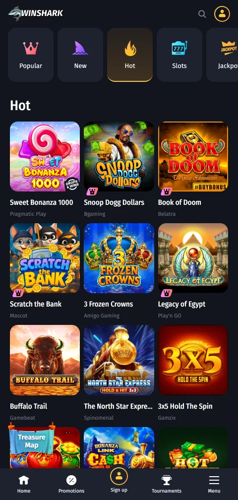 Informação de licença e segurança do Winshark Casino em ecrã móvel