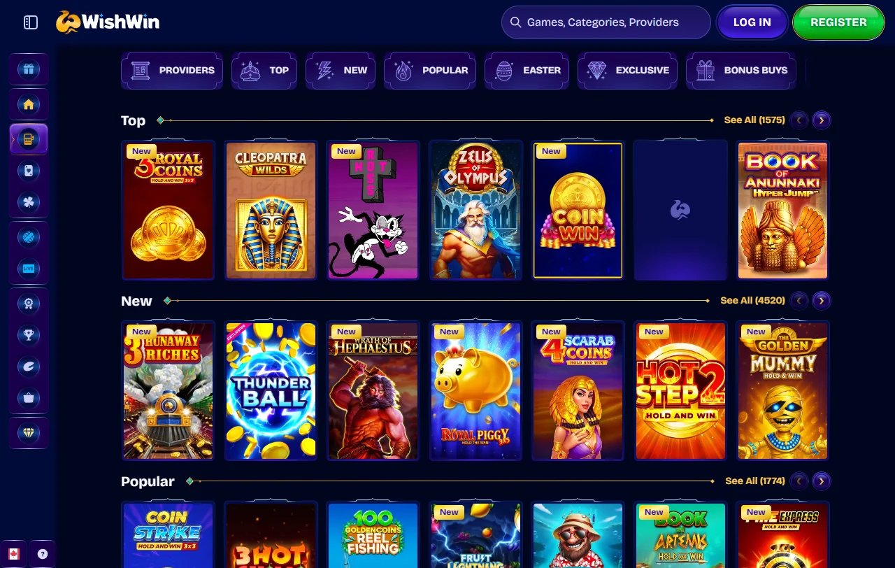Catálogo de slots e mesas ao vivo do Wishwin com Pragmatic Play e Evolution