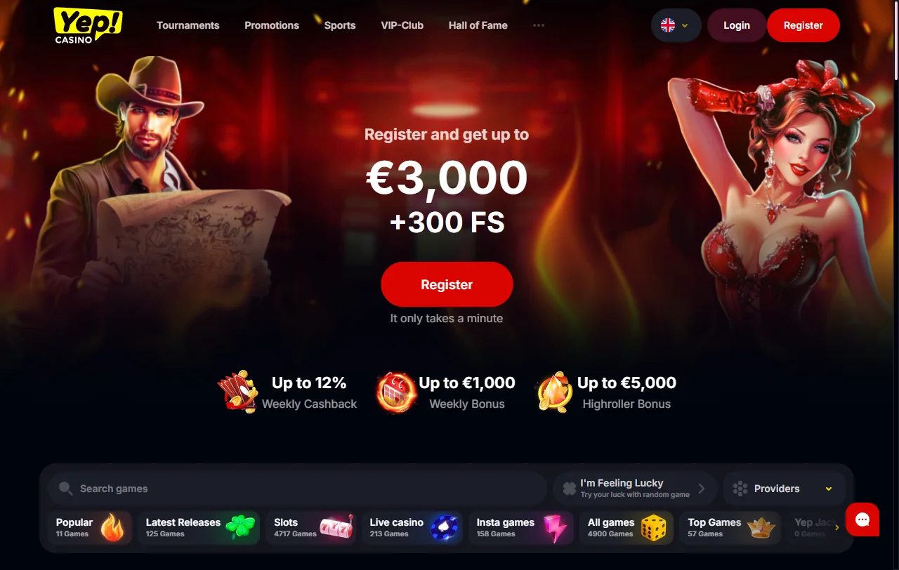 Página inicial do YEP Casino com secções de jogos e apostas desportivas
