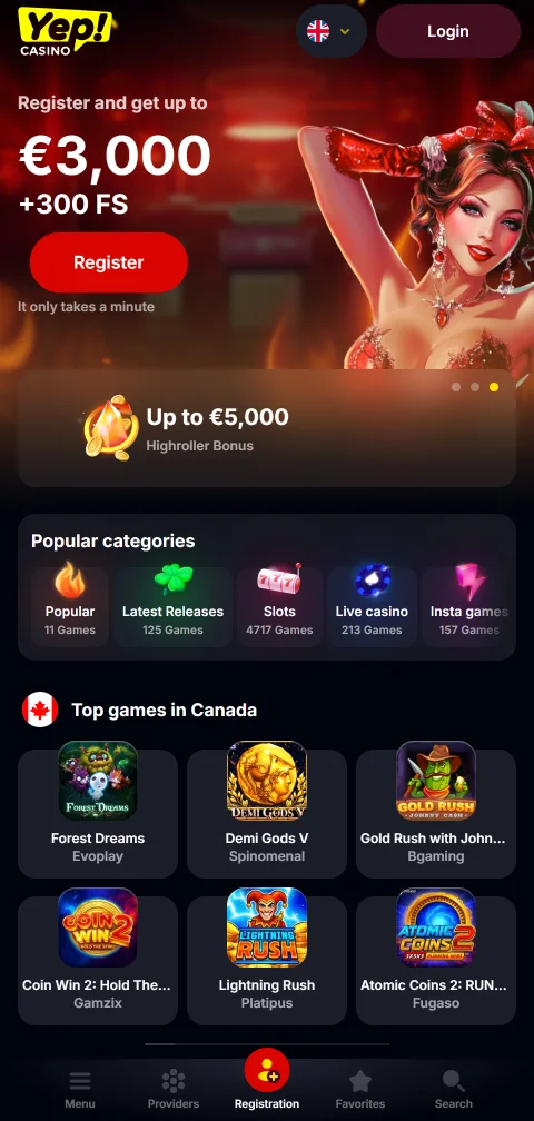 YEP Casino aberto no navegador móvel, com lobby responsivo em ecrã vertical